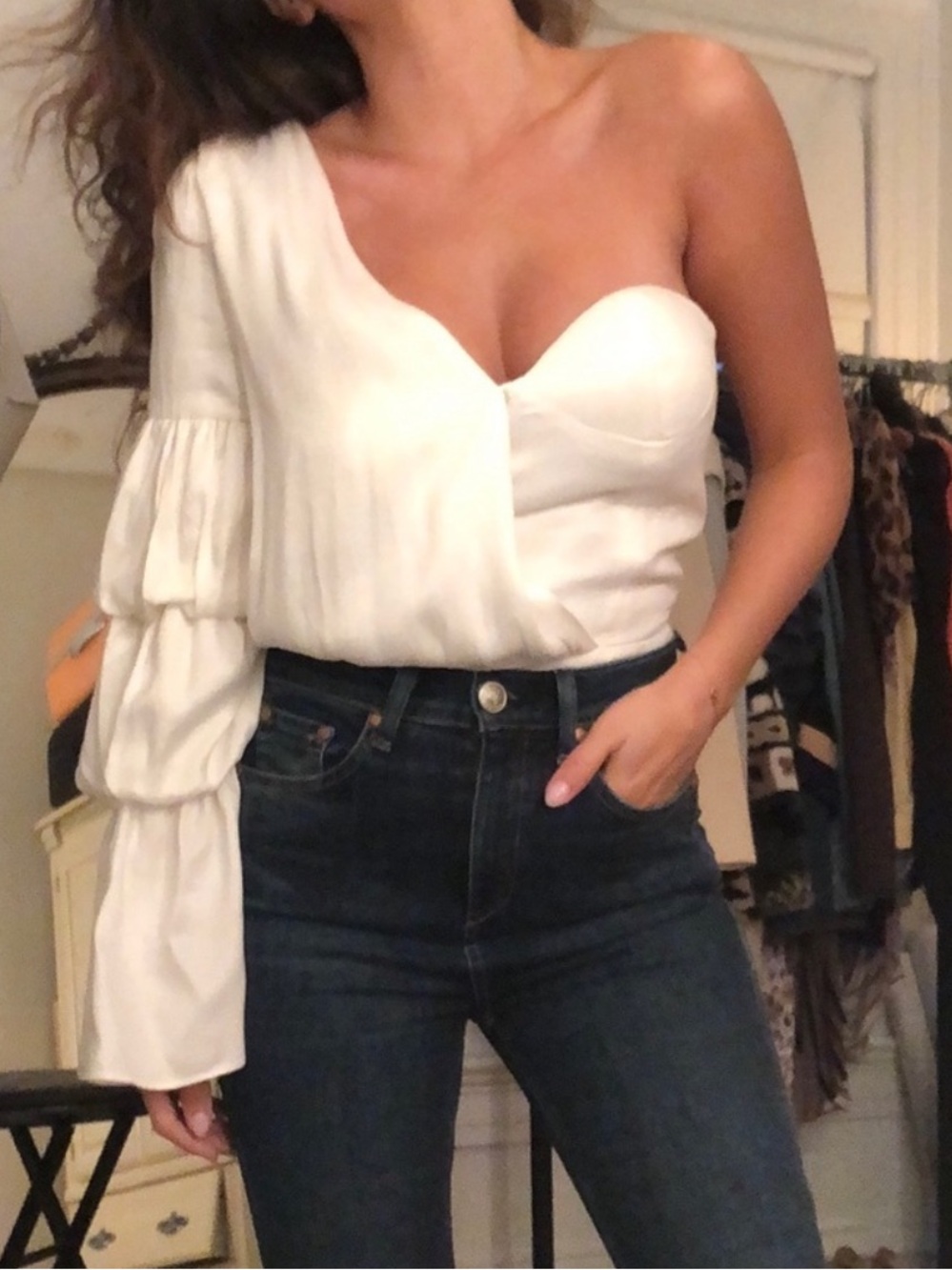 NBD Cream One-Shoulder Long-Sleeve Bodysuit with Built-In Bra